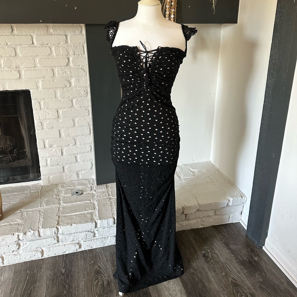 SKY Bodycon Black Crochet Maxi Dress